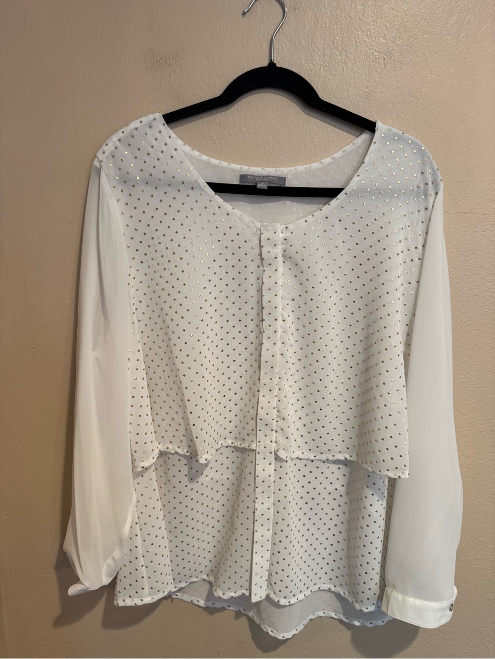 NY Collection White Layered Button Long-Sleeve Blouse with Gold Studded Detail
